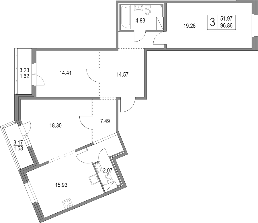 3-комнатная квартира 96.86 м², 17/19 эт., ЖК «Приморский квартал»